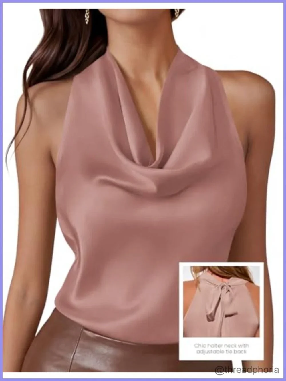 Satin Halter Tank Top Cowl Neck Tie Back Sleeveless Summer Blouse